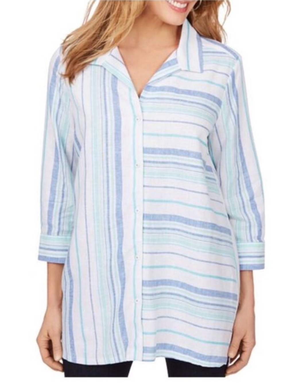 NWT Foxcroft Blue and Aqua Striped Button-Front Top Linen blend sz 22